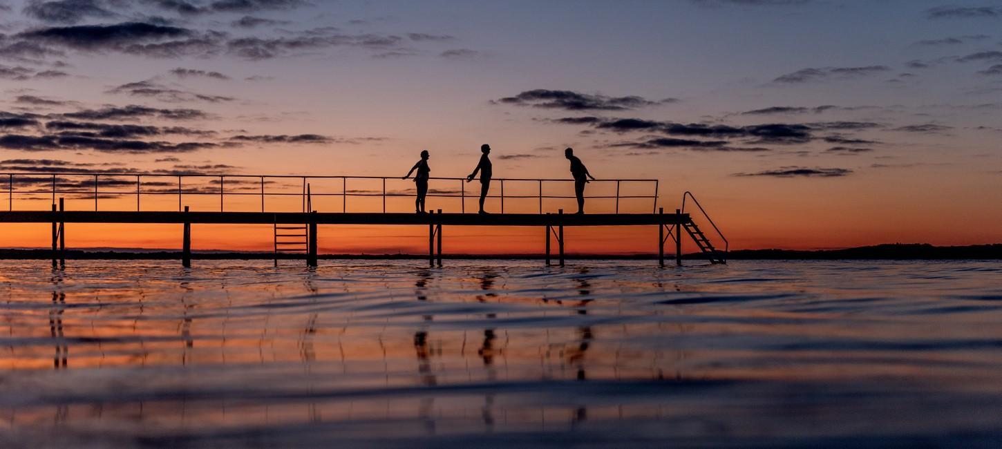 Limfjorden, Badebro, Badning, Solnedgang