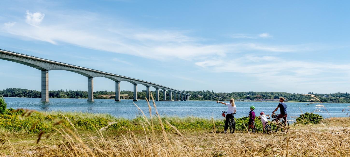 Familie cykeltur på Mors med Limfjorden og Sallingsundbroen i baggrunden