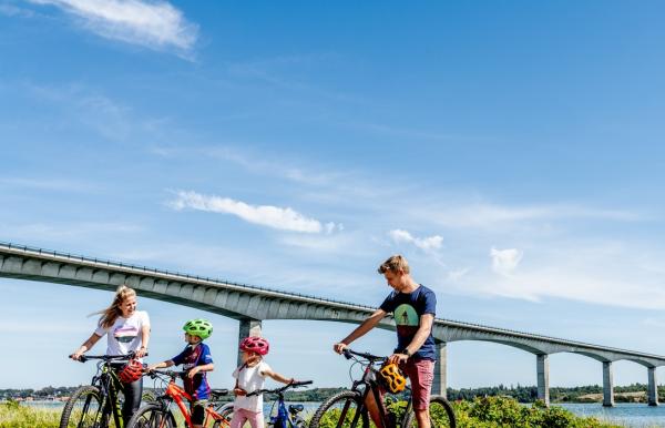 Familie cykeltur på Mors med Limfjorden & Sallingsundbroen i baggrunden