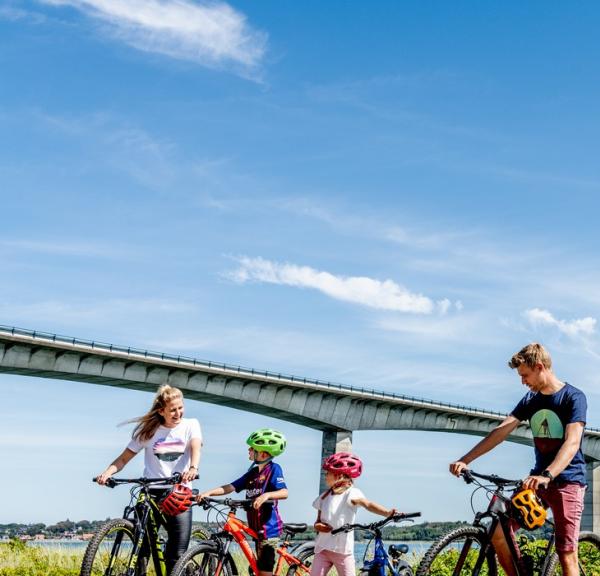 Familie cykeltur på Mors med Limfjorden & Sallingsundbroen i baggrunden